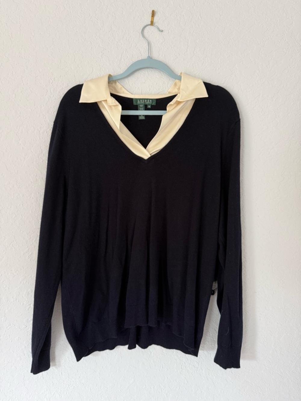 NWT Lauren Ralph Lauren Navy Sweater Silk Collar Silk/Cashmere Long Sleeve - 3X